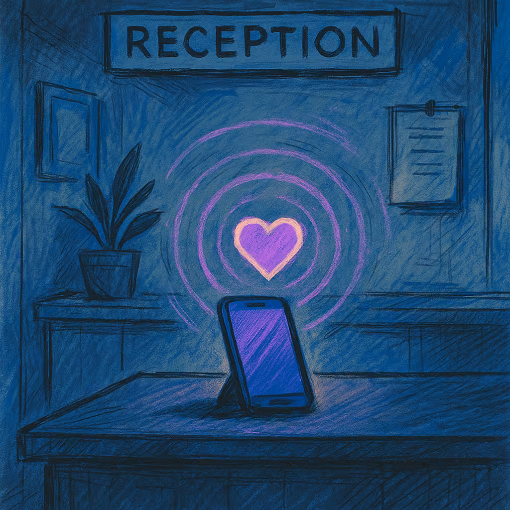 Clinic owner reviewing a calm front desk while calls are handled smoothly in the background